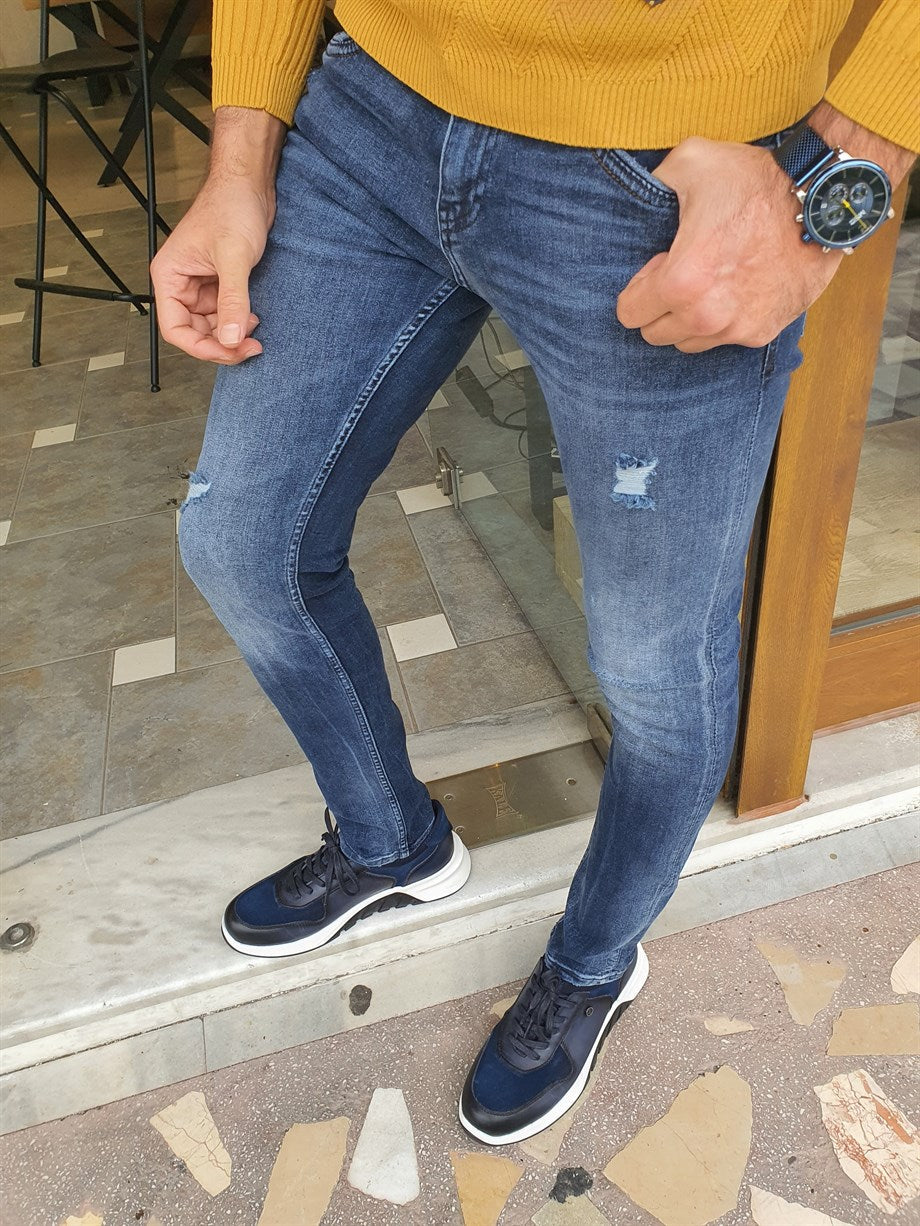 Narrow Cut Slit Detailed Grinding Jeans